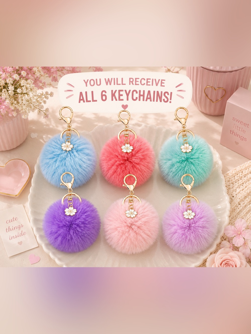 🌸 Set of 6 Plush Pom-Pom Keychain Charms 🌸